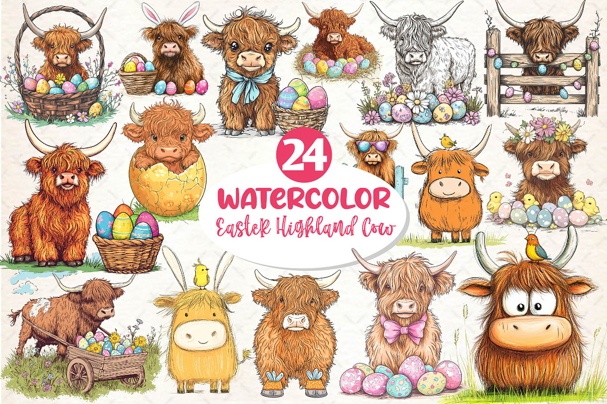 Easter Highland Cow Clipart, an Illustration by Dream Creation (Photo 1 of 5)