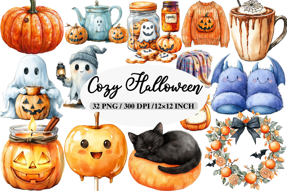Watercolor Cozy Halloween Clipart, an Illustration by Daily.Designs (Photo 1 of 5)