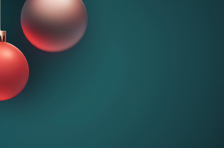 Christmas red and green matte ornaments on teal green background, a Photo by Dvoevnore photos