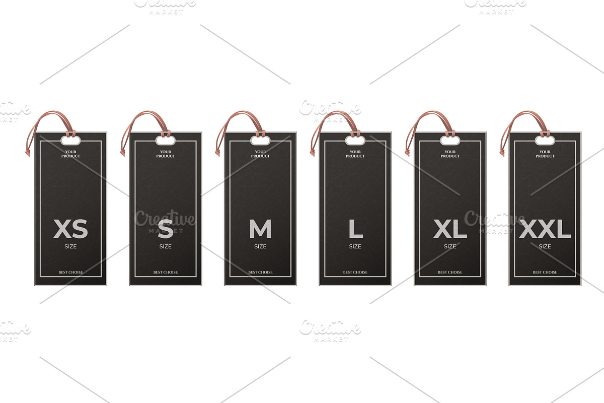 Realistic size tags. Black labels, an Object Illustration by Stock-Smart-Start