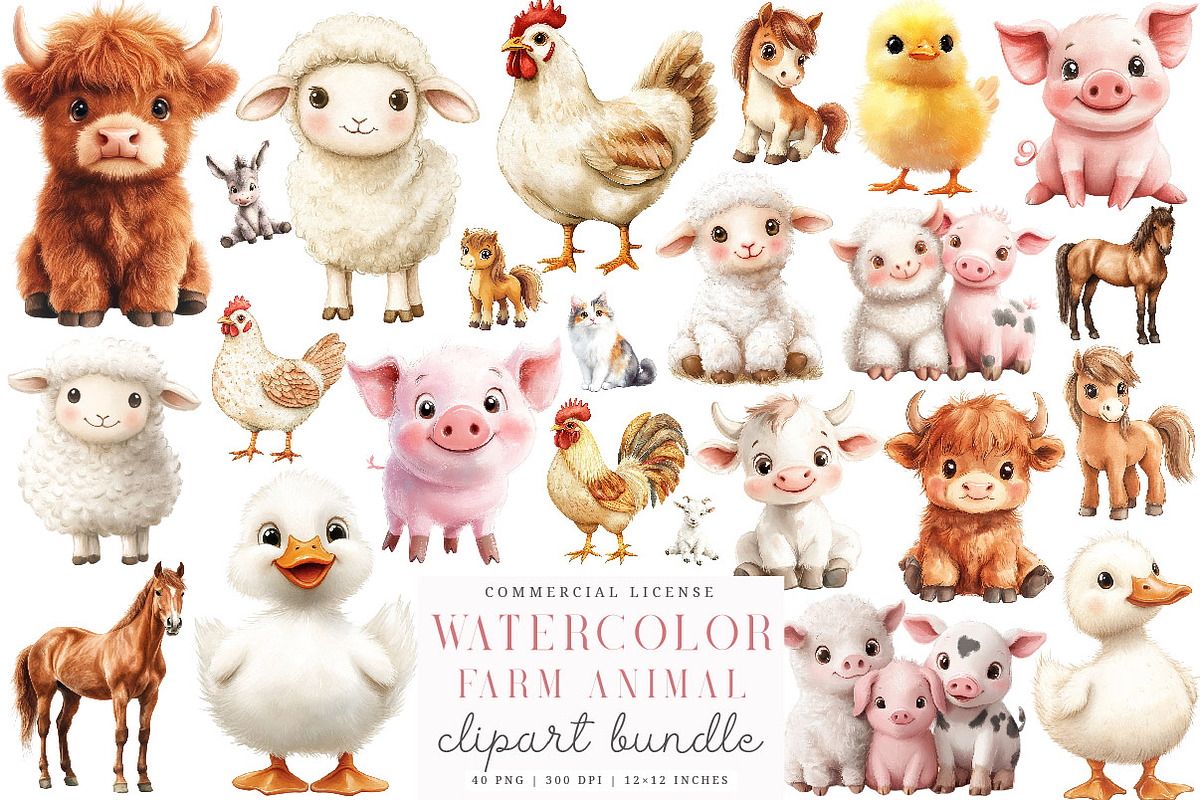 Watercolor Farm Animal Clipart, a Transportation Illustration by SinaCreation (Photo 1 of 6)