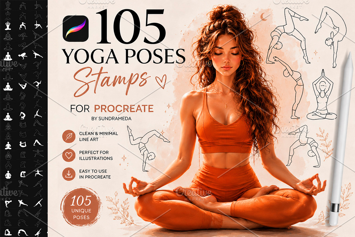 Yoga Poses Procreate Stamp Brushes, a Brush Add-On by sundrameda (Photo 1 of 9)