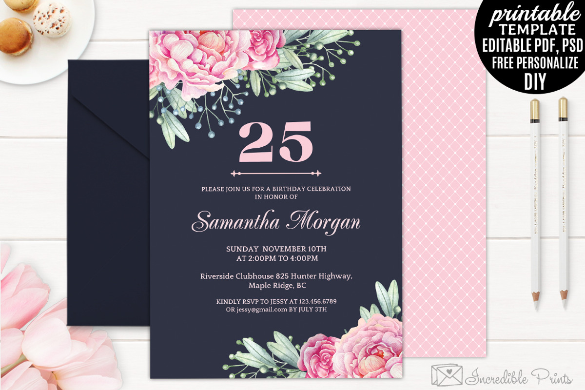 Navy and Pink Birthday Invitation, an Invitation Template by Blush Roses Print (Photo 1 of 2)