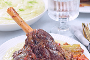 Braised lamb shanks with vegetables served with horseradish and fennel mashed p, a Food & Drink Photo by iuliia_n