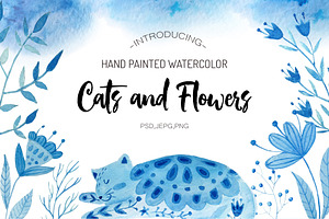 Watercolor Cats and Flowers