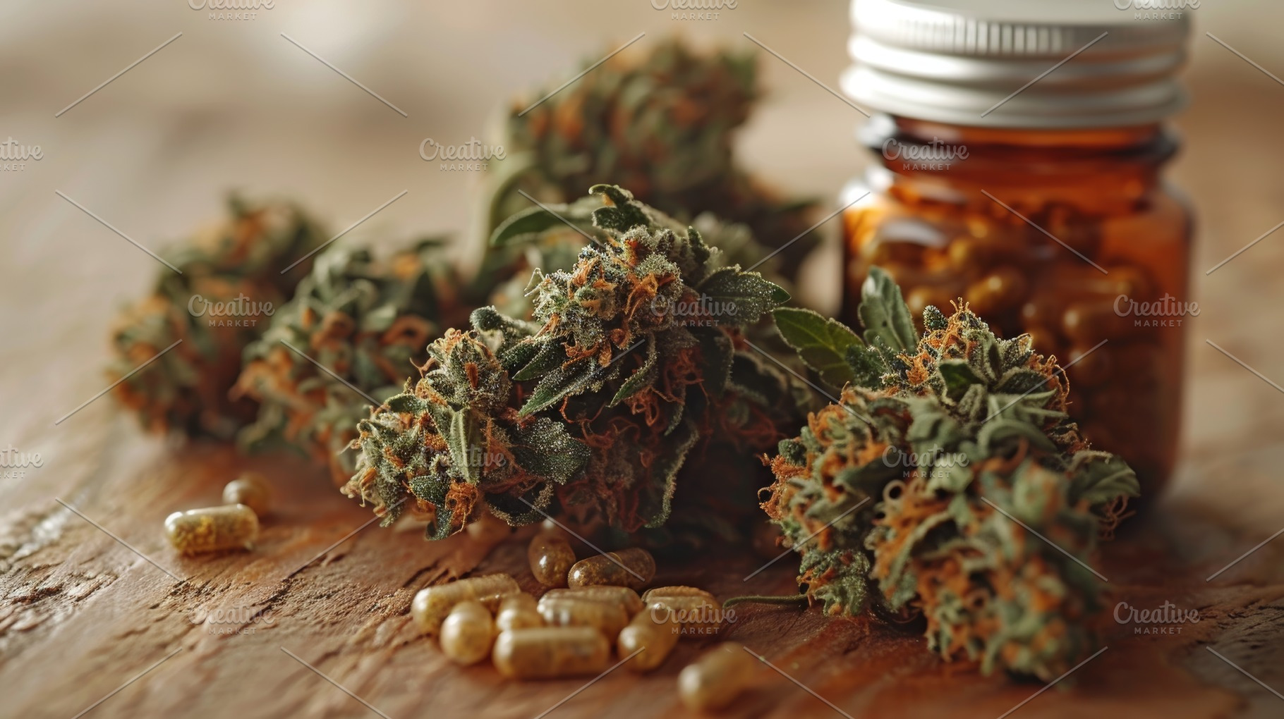 Close-up of medical marijuana buds and capsules on wooden table, a Photo by AS photostudio