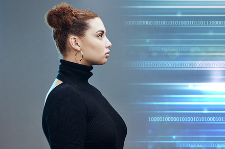 Woman, binary and cyberspace with a vision for future data, information or innovation in double exposure. Female cyberpunk in futuristic metaverse, holographic or cyber security and digital AI mockup, a Photo by Peopleimages.com