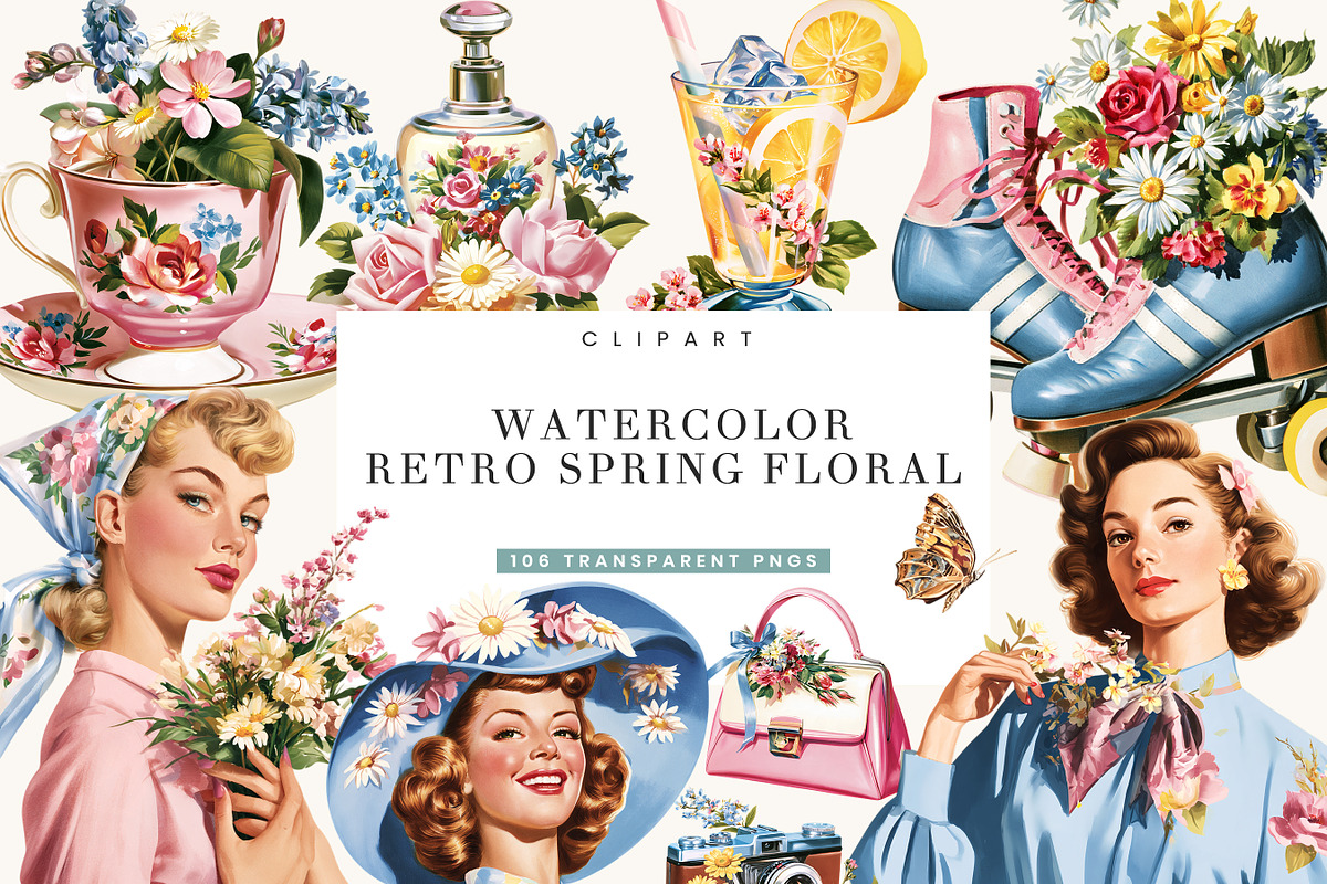 Watercolor Retro Spring Floral, a Decorative Illustration by BusyDaydesign (Photo 1 of 9)