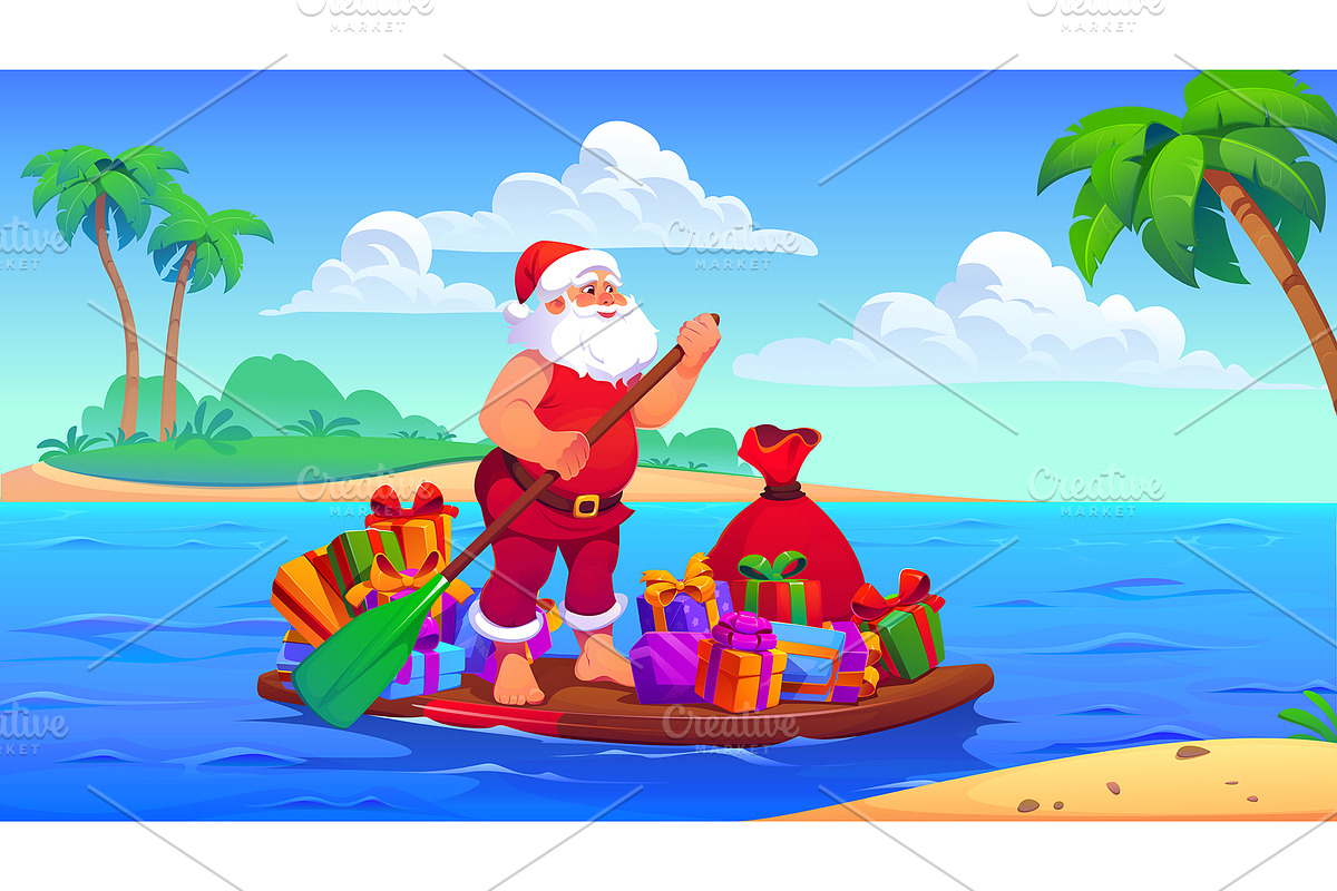 Santa Claus on sup puddle board, a Seasonal Illustration by Seavector Studio (Photo 3 of 3)