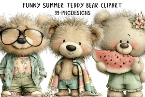 Funny Summer Teddy Bear Clipart, an Illustration by Daily.Designs