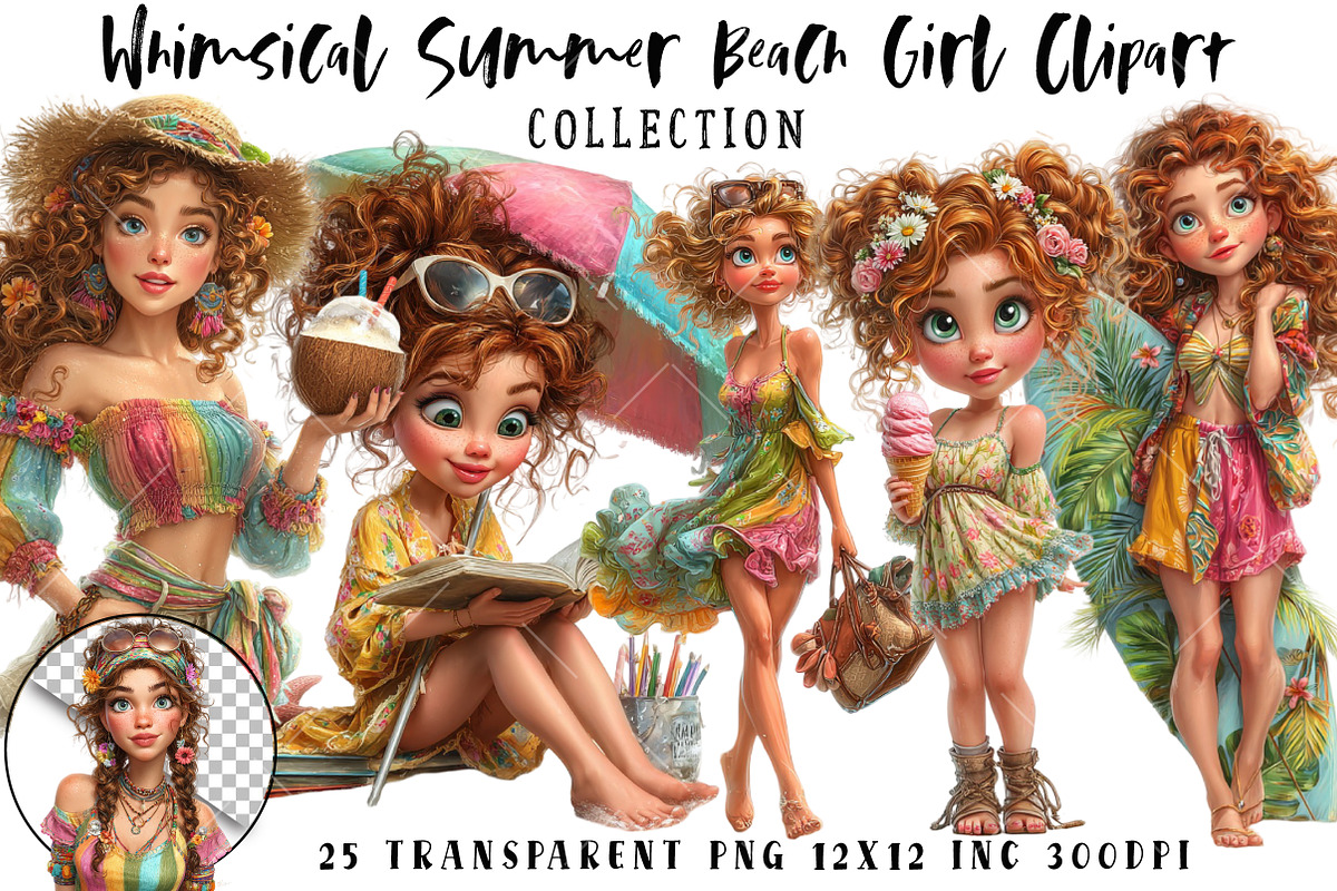Whimsical Summer Beach Girl Clipart, an Illustration by OK Design (Photo 1 of 6)