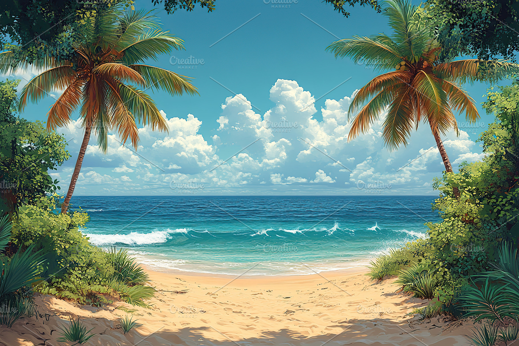 Summer beach view with palm trees, clear skies, and gentle ocean waves near a t, an Arts & Entertainment Photo by AlyaAnd