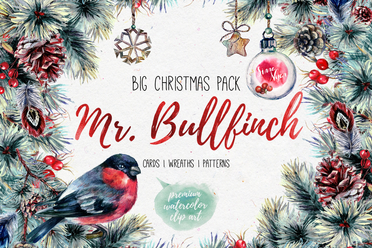 Mr.Bullfinch Watercolor ClipArt Xmas, a Decorative Illustration by Inna Sinano (Photo 1 of 12)