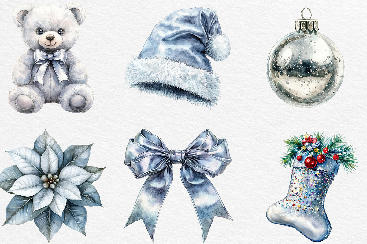 Silver Christmas Watercolor Clipart, an Illustration by Black Bird Studio (Photo 3 of 6)