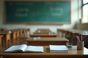 Empty Classroom With Books On Teache, a Photo by LOGOCREATIVE