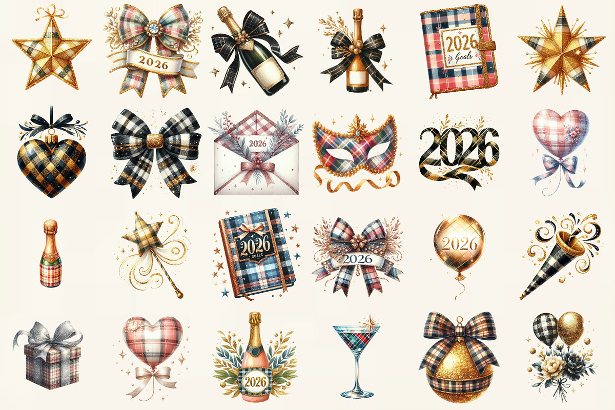 Glittery Plaid New Year Clipart, an Illustration by DreamCafeArt (Photo 2 of 6)