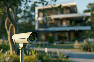 Modern public CCTV camera on blurred private house background, a Photo by AlyaAnd