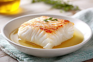 Grilled fish fillet served with aromatic broth and herbs for a flavorful meal, a Food & Drink Photo by AlyaAnd