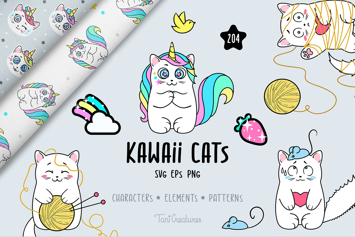 Kawaii cats | Clipart & patterns, an Illustration by TaniCreatures (Photo 1 of 11)