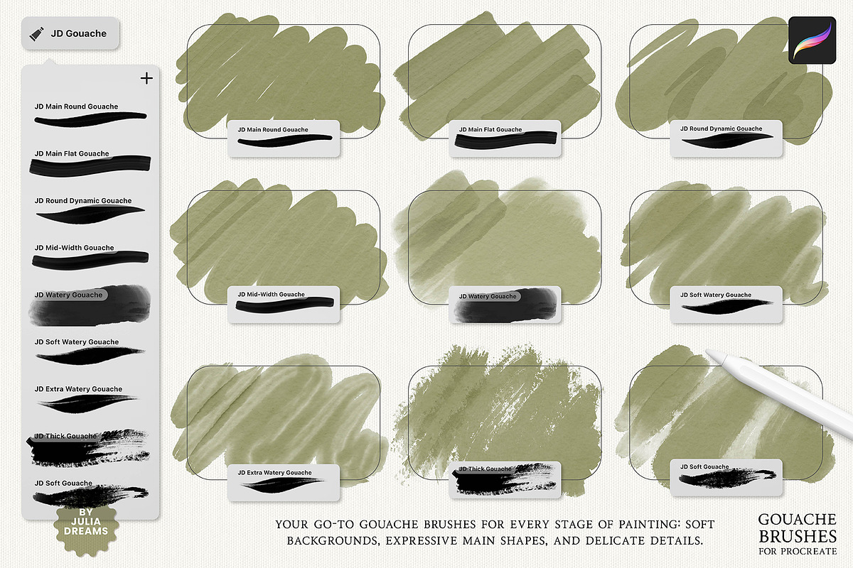 Realistic Gouache Procreate Brushes, a Brush Add-On by Julia Dreams (Photo 2 of 11)