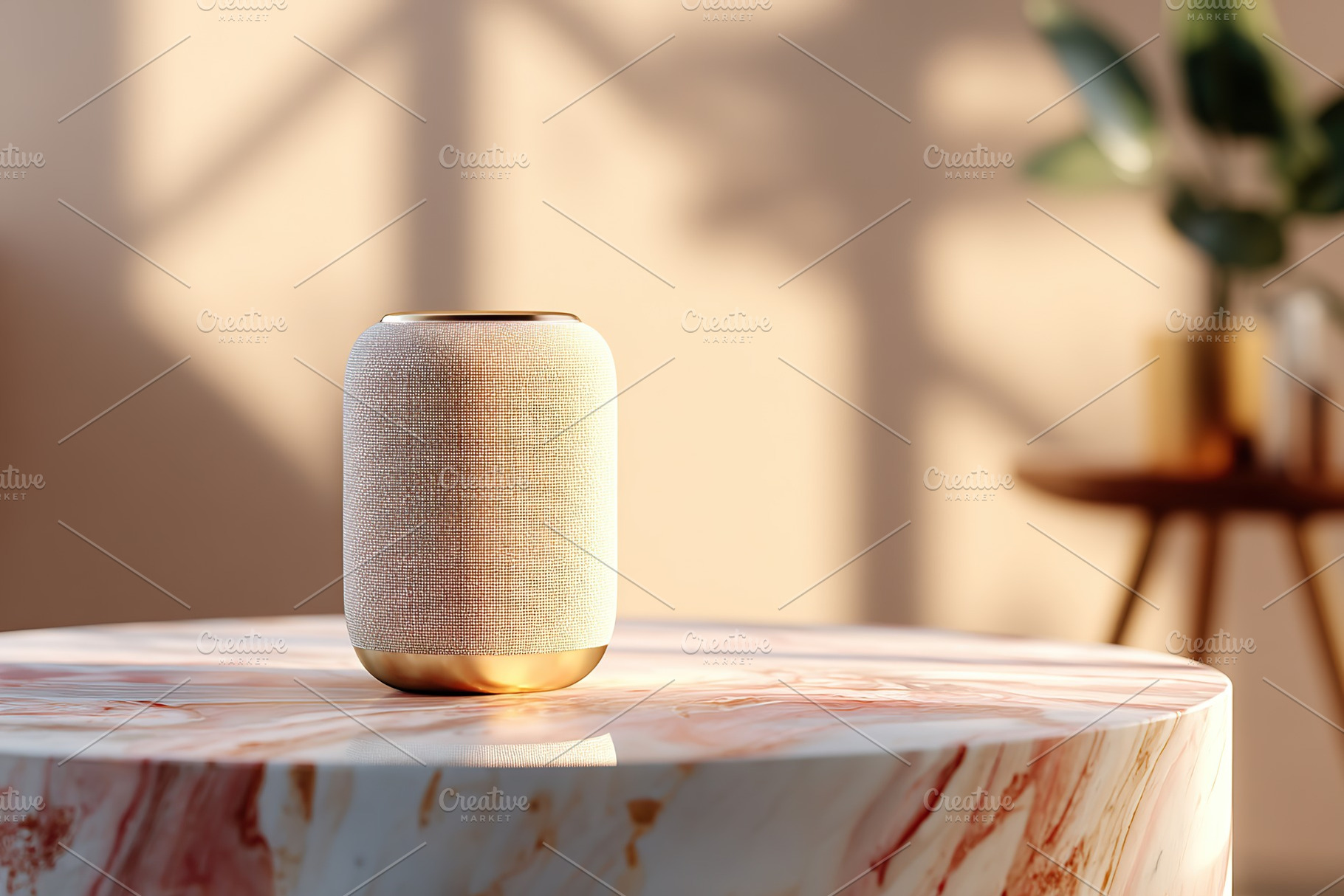 Speaker placed on a polished marble island in a bright room with warm lighting, a Photo by AlyaAnd