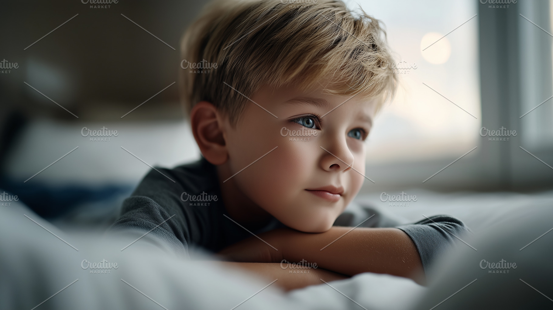 Thoughtful little boy with blue eyes, a Person Photo by MistyDay