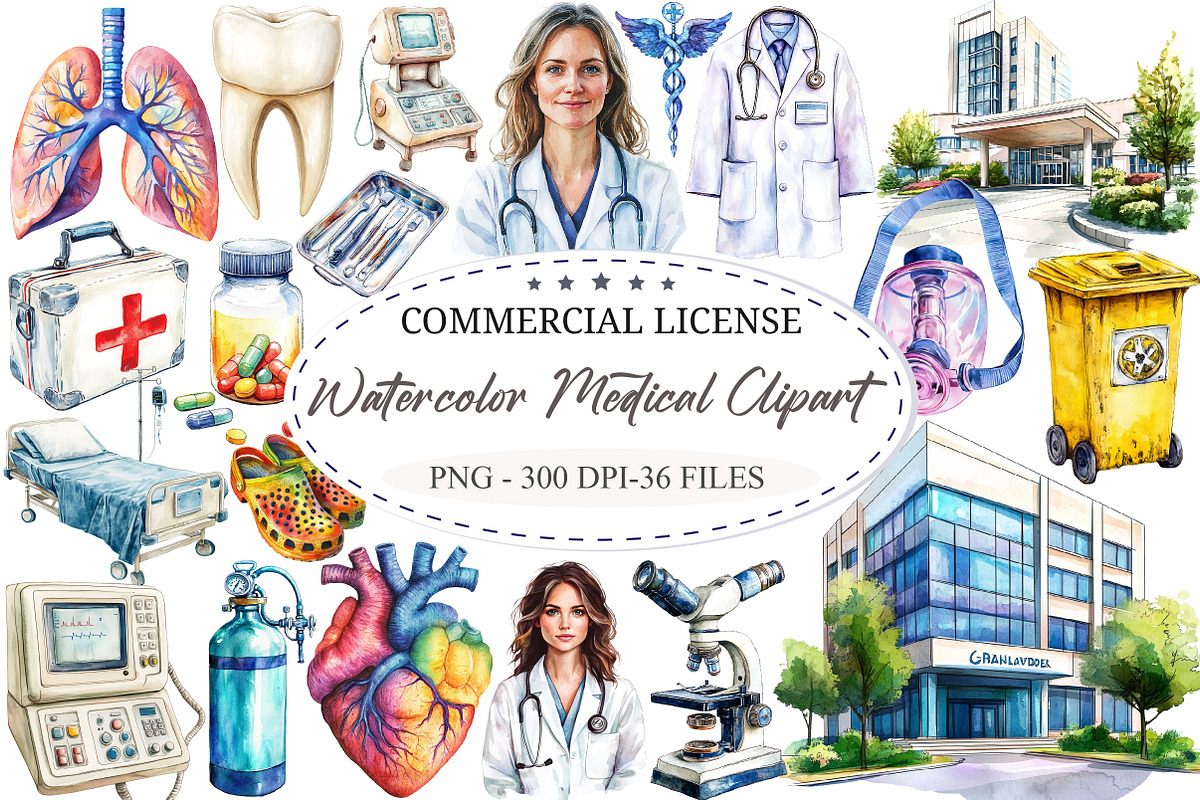 Watercolor Medical Clipart, a Seasonal Illustration by designcity5 (Photo 1 of 5)