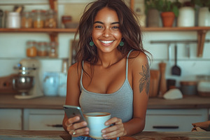 Cheerful young woman smiling while holding a cup of coffee in a, a Person Photo by ImageMir