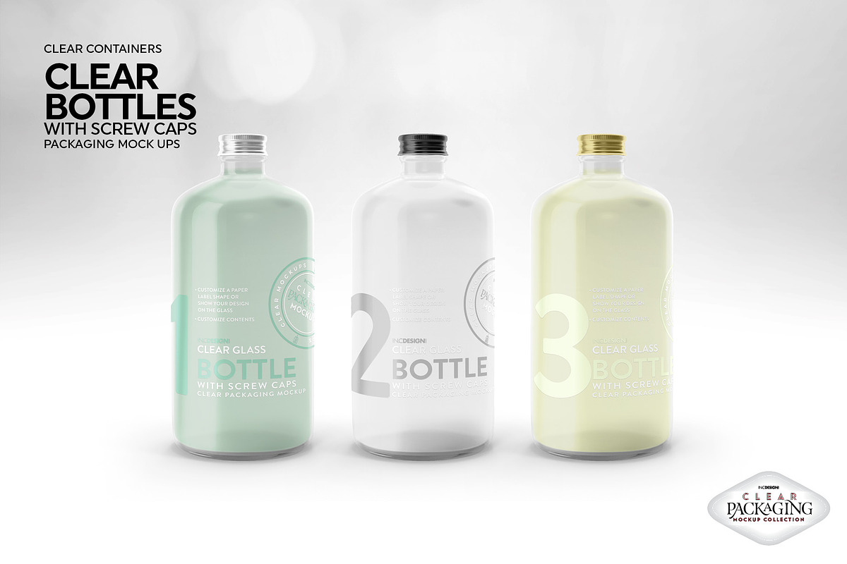 Clear Bottles with Screw Caps Mockup, a Packaging Mockup by INCDesign (Photo 8 of 10)