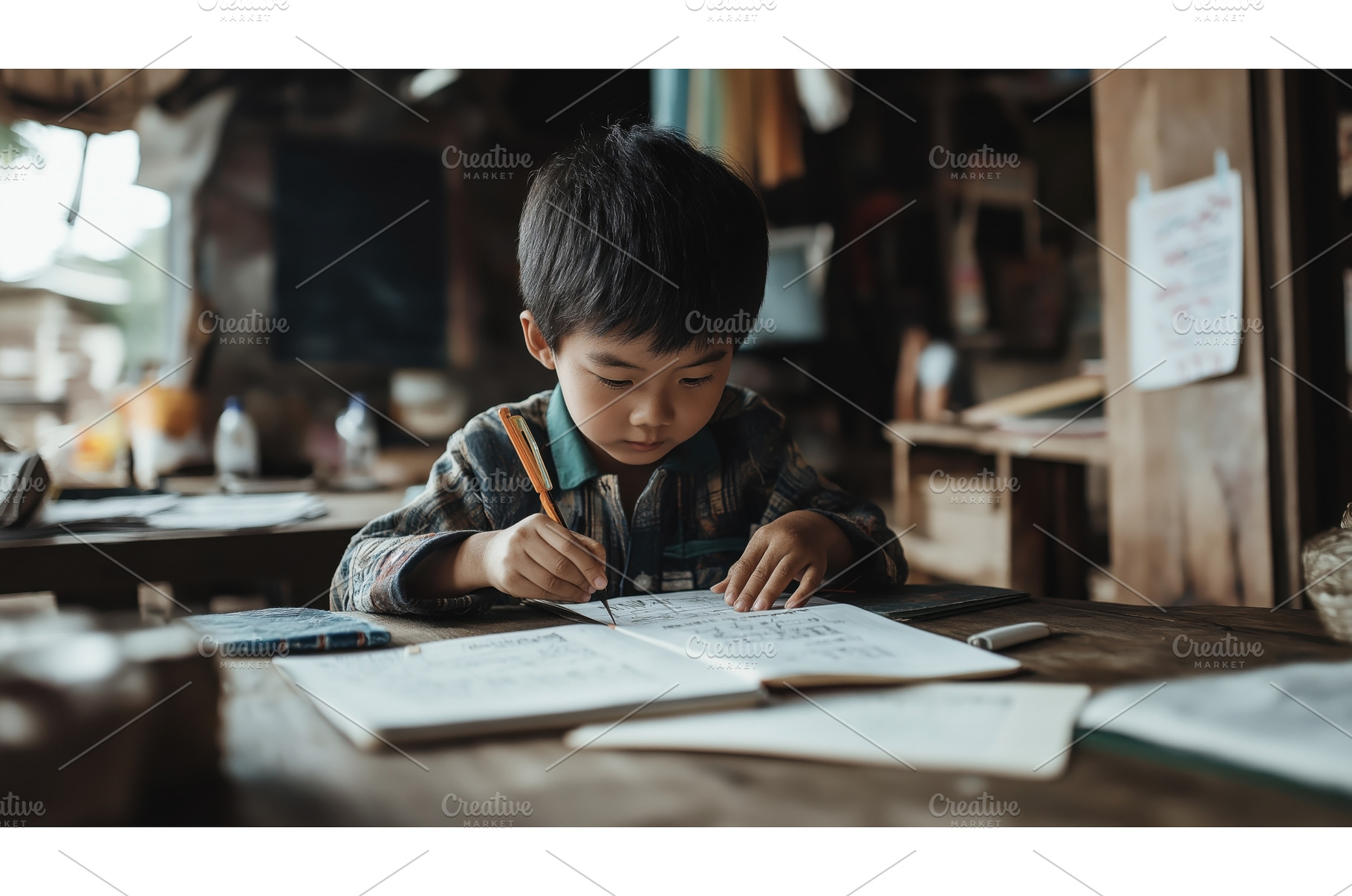 Asian boy studying intently at a, a Person Photo by Sergey Kotenev