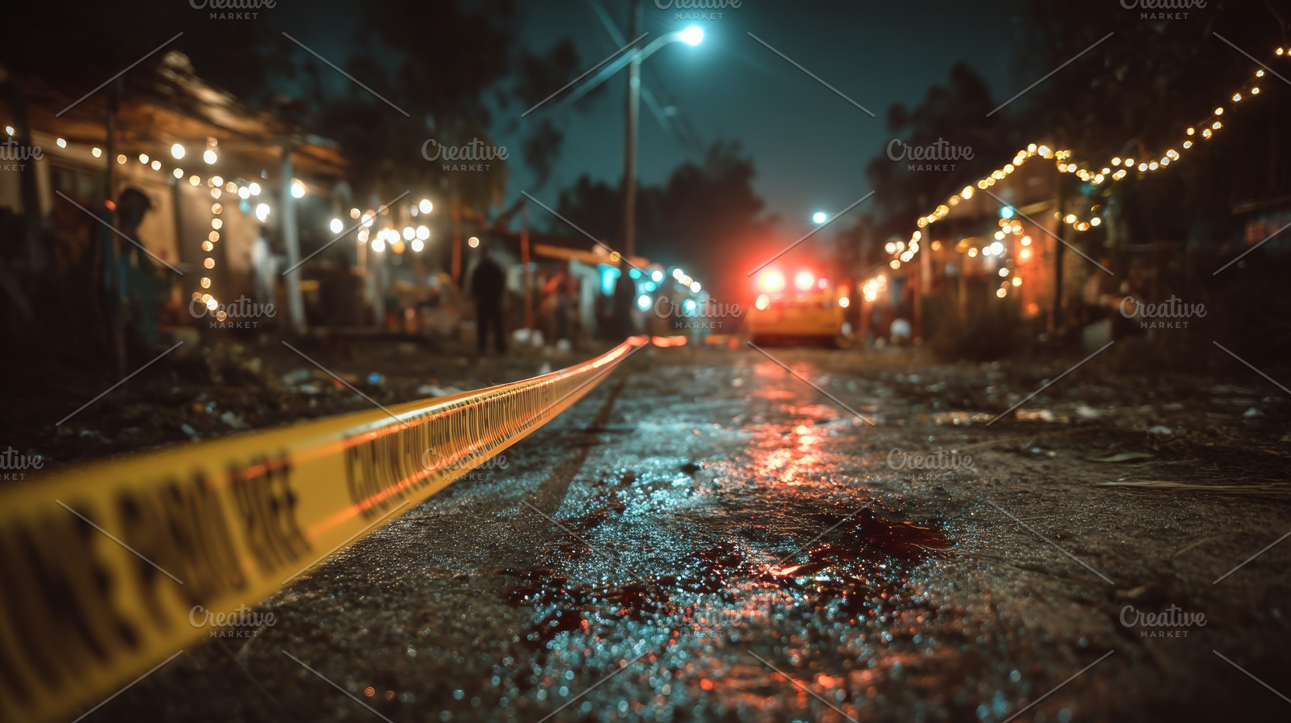 Crime scene with police tape and urban night lights on a rainy street, a Photo by AS photostudio