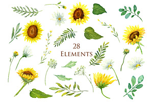 Wild Sunflowers Watercolor Clip Art