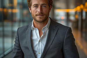 Confident young Caucasian man in a stylish suit portrait, set in a modern urban, a Person Photo by ImageMir
