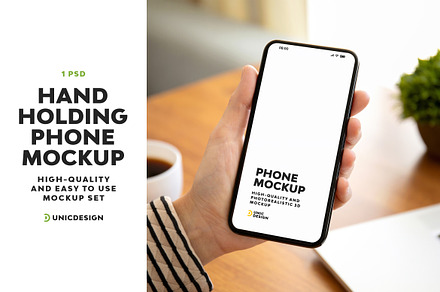 Hand Holding Phone Mockup, a Device Mockup by UnicDesign