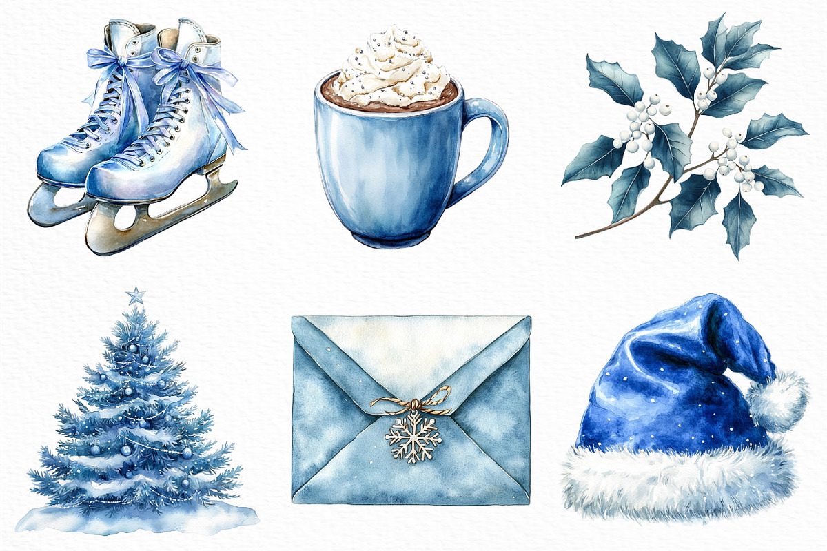 Watercolor Blue Christmas Clipart, an Illustration by Craft Nest (Photo 4 of 6)