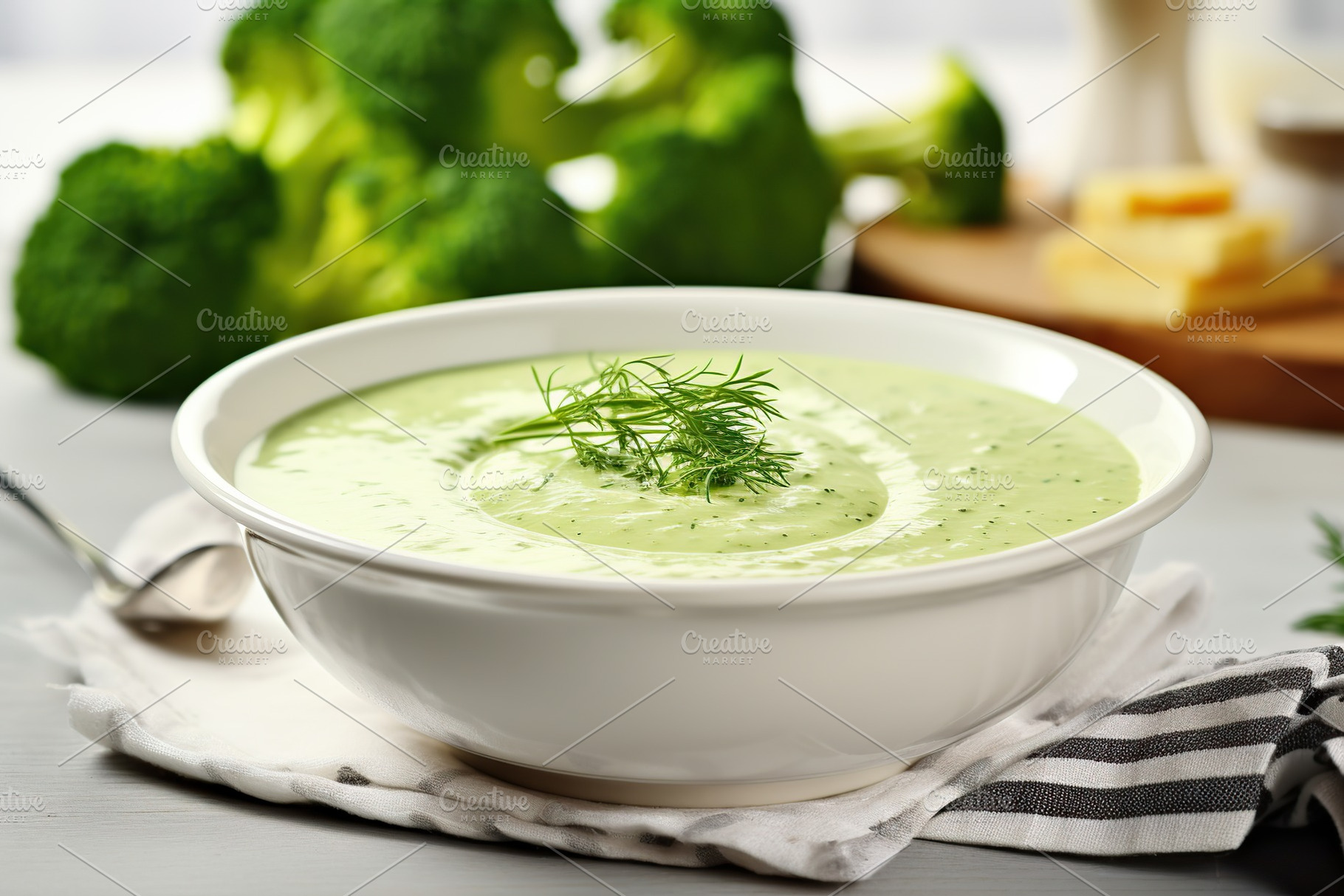 Green broccoli cream soup in plate, a Food & Drink Photo by AlyaAnd