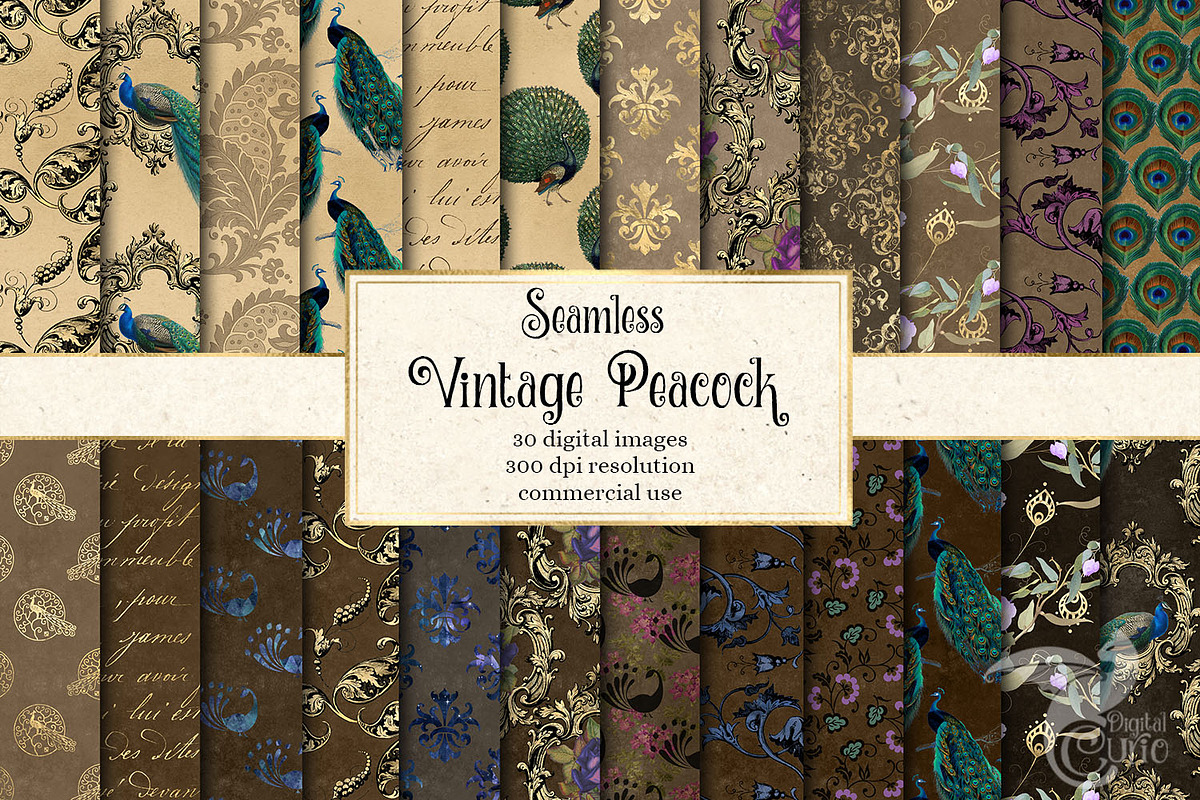 Vintage Peacock Digital Paper, a Pattern Graphic by Digital Curio