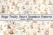 Beige Teddy Bears Seamless Patterns, a Pattern Graphic by Design Market (Thumbnail 1 of 4)