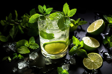 Alcoholic mojito with ice and mint on black background, a Food & Drink Photo by AlyaAnd