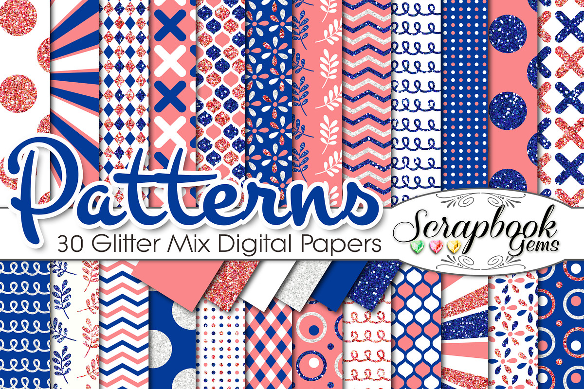 CORAL & BLUE GLITTER MIX PAPERS, a Pattern Graphic by Scrapbook Gems