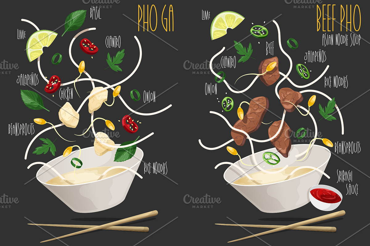 Pho Ga, Beef Pho. Vector, a Food Illustration by AKOMIX (Photo 1 of 2)
