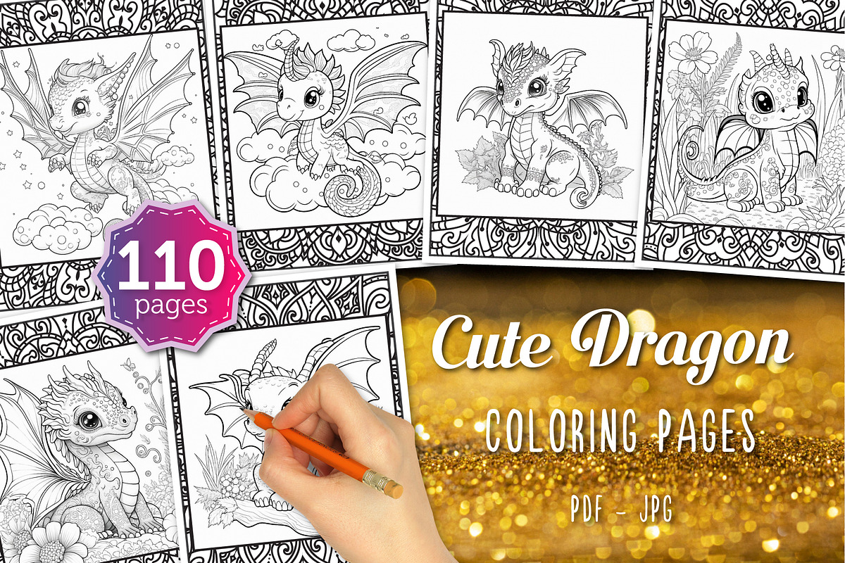 110 Cute Dragon Coloring Pages, an Animal Illustration by Blue Digital Studio (Photo 1 of 5)