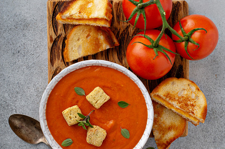 Cream of tomato soup with croutons and grilled cheese, a Food & Drink Photo by farwasser