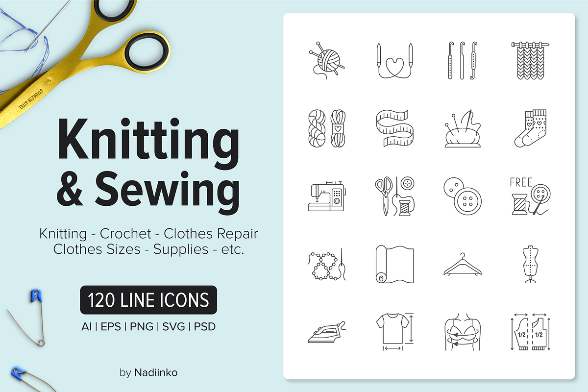 120 Knitting & Sewing Icons, an Outline Icon by Nadiinko (Photo 1 of 5)