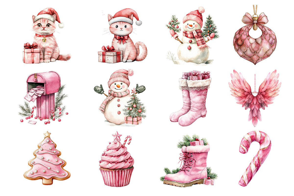 Pink Christmas Watercolor Clipart, an Illustration by Dream Creation (Photo 4 of 5)