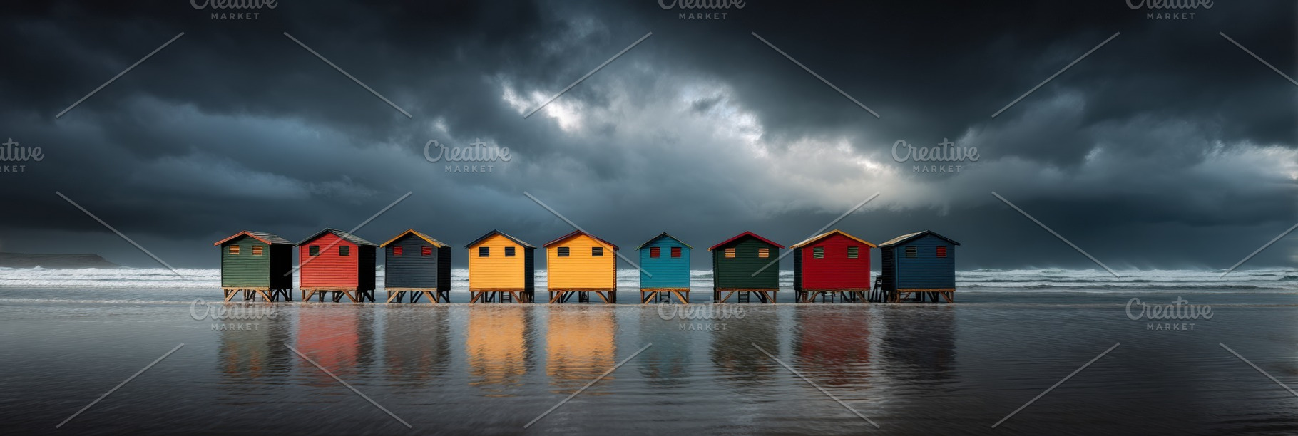 Serene Seascape Colorful Beach Huts, an Architecture Photo by Virgo Studio