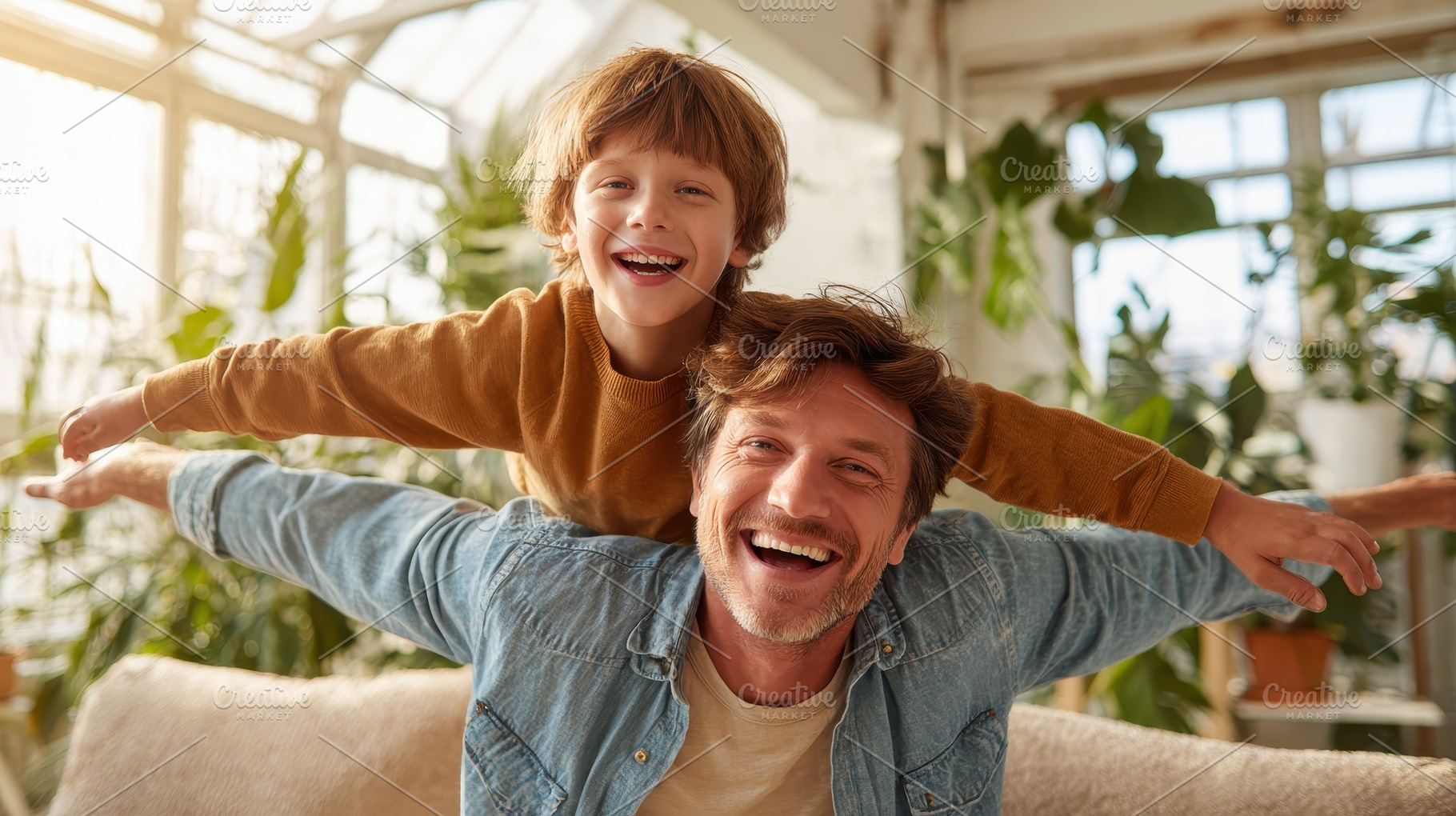 Happy father and son playing airplan, a Photo by Pixeness Studio