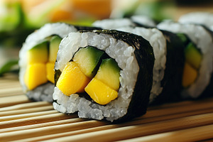 Close up on a sushi rolls with mango, a Food & Drink Photo by MistyDay