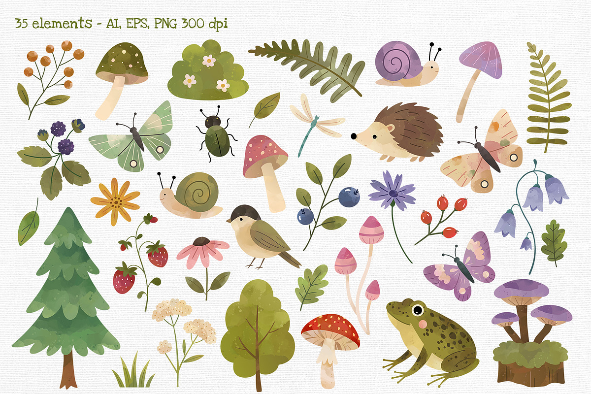 Summer Woodland Watercolor Clipart, a Seasonal Illustration by Hanna's ArtLab (Photo 2 of 6)