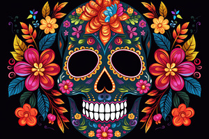 Festive Remembrance: Vibrant Sugar Skull Adorned With Floral Maj